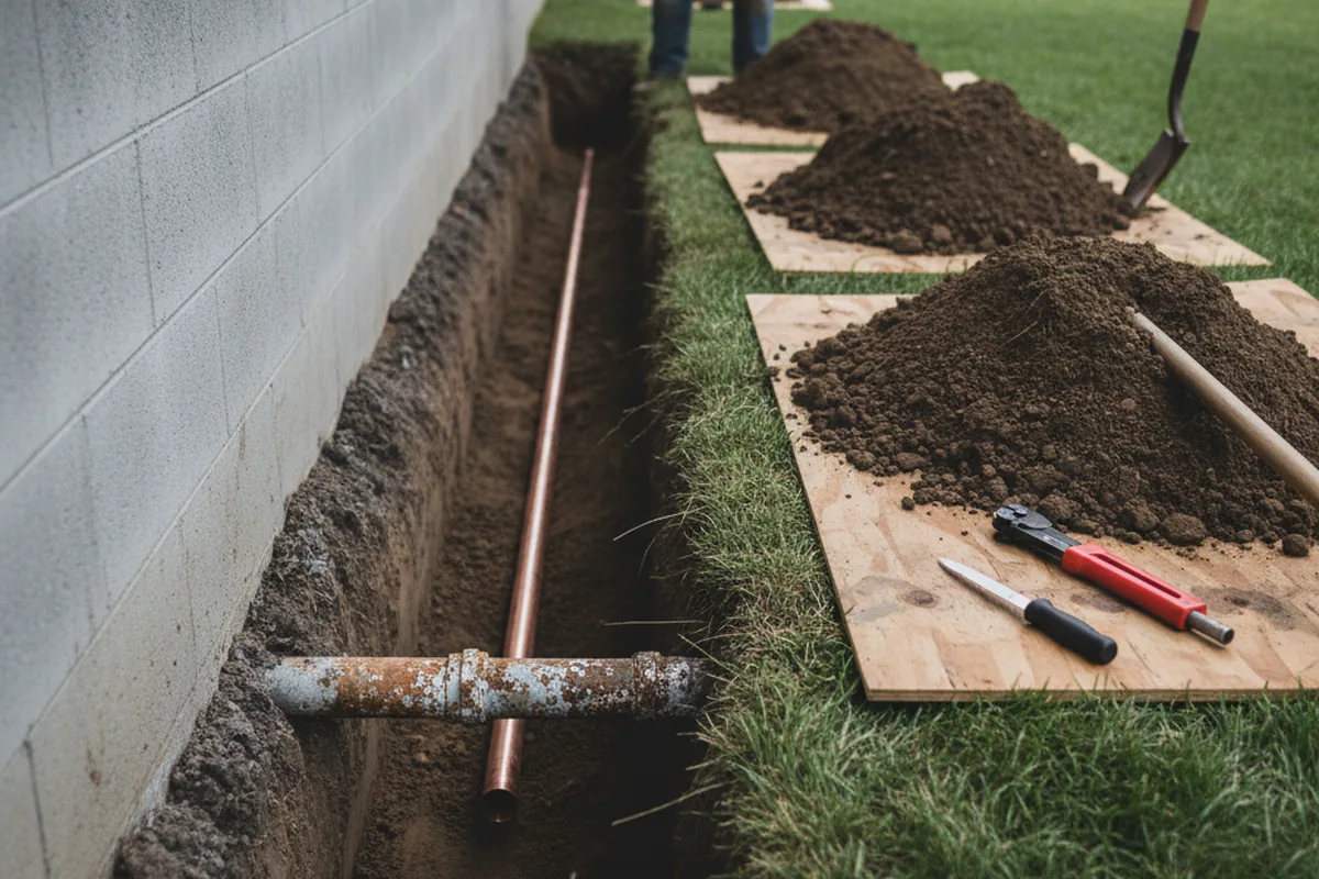 Excavated water line trench during Sewer Line Repair in Mannsville